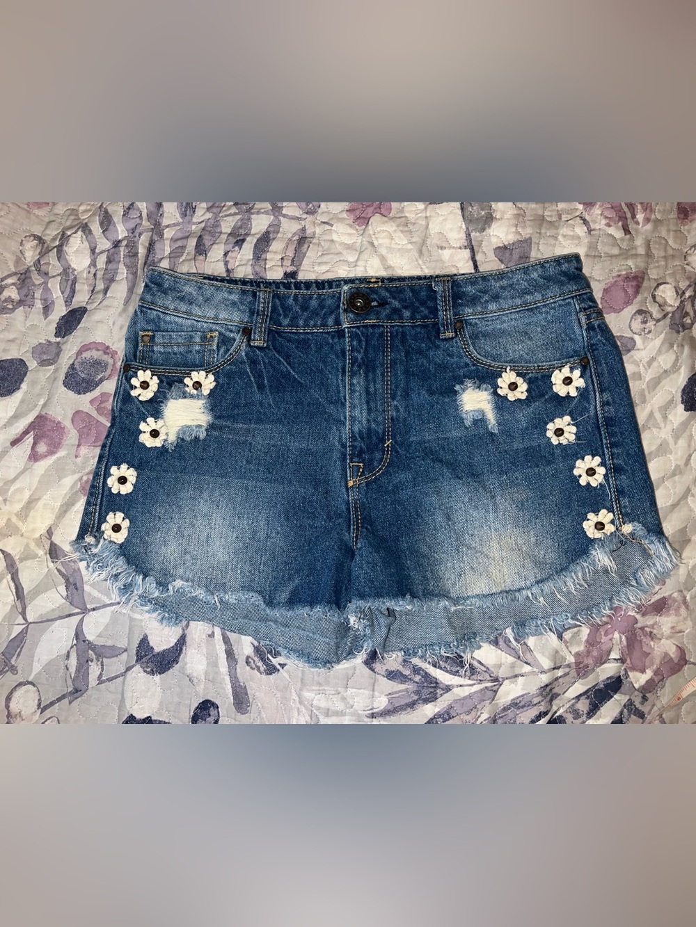 Tinseltown Blue Distressed Denim Shorts with Daisy Embroidery